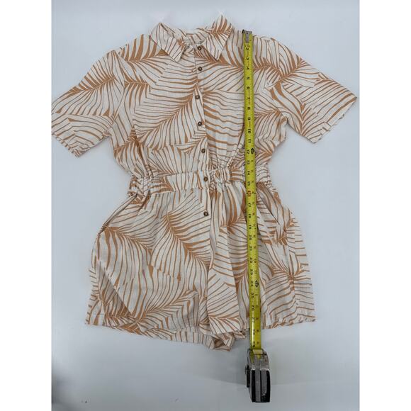 Roxy Palm Print Button Front Short Sleeve Romper Jumpsuit XS Neutral Tan Boho - Picture 7 of 7